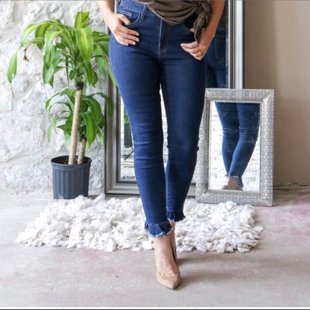 L&B brand high-rise ankle skinny jeans, ruffle hem